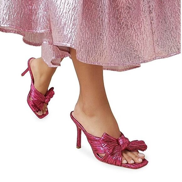 Loeffler Randall Claudia Mules Pleated Fuchsia Metallic Heels Bow Sandals Sz 7.5 - Picture 2 of 13